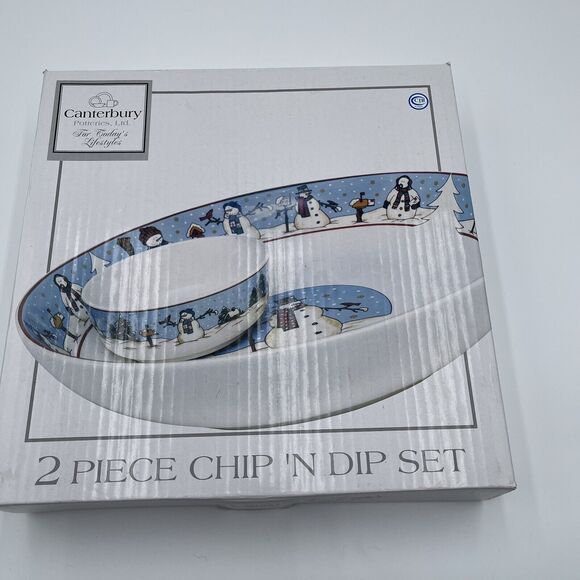 Snowman Holiday Canterbury Potteries Winter 2 pc Chip Dip Stoneware NIB - Picture 1 of 10